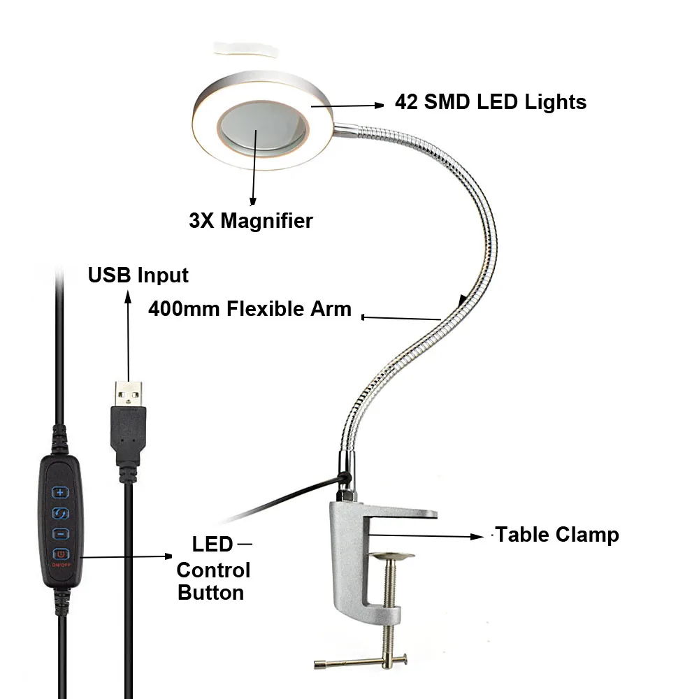 NEWACALOX увеличительное стекло USB 3X скамейка тиски, стол Зажимная Лупа светодиодный свет Гибкая Настольная лампа для чтения рабочего освещения