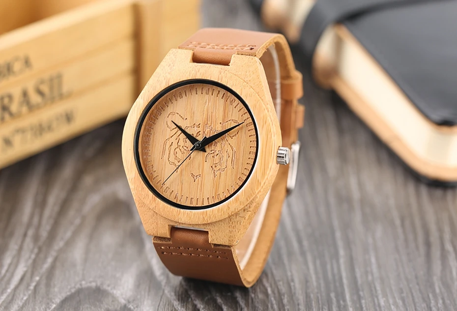 Men Creative Wood Watch Handmade Wild Tiger Pattern Dial Bamboo Wooden Quartz Wristwatches 2017 Clock Male hour Reloj de madera 2017 (13)