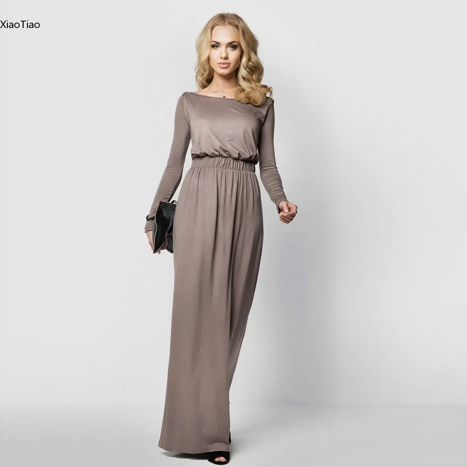 New Fashion Elegant Boat Neck Long Sleeve Evening Party Pleated Full