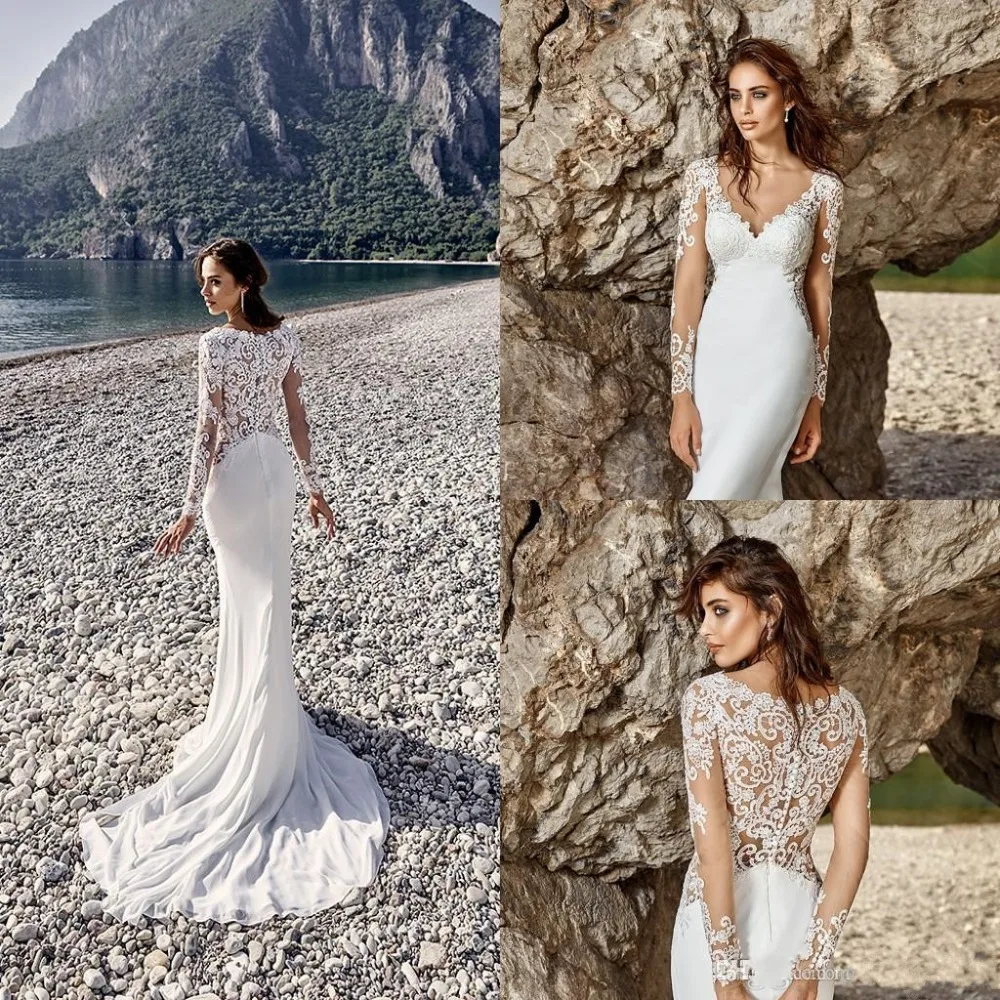 

2019 Isandra Mermaid Wedding Dresses V Neck Long Sleeve Chiffon Vintage Lace Beach Wedding Gowns Vestidos De Noiva