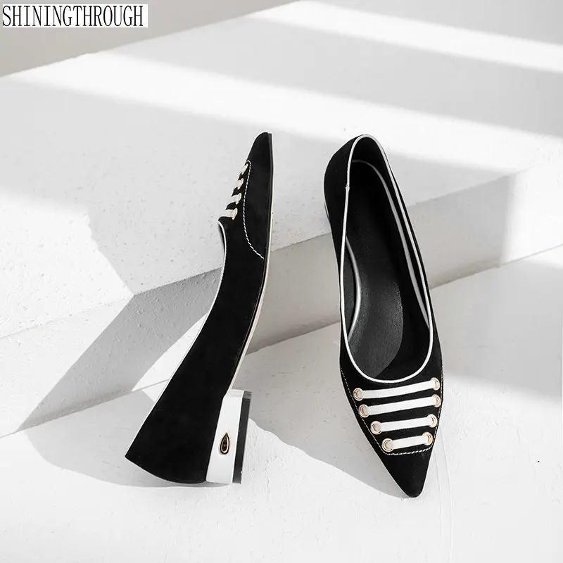 

2019 new suede leather low heels women pumps square heel party wedding shoes woman black apricot