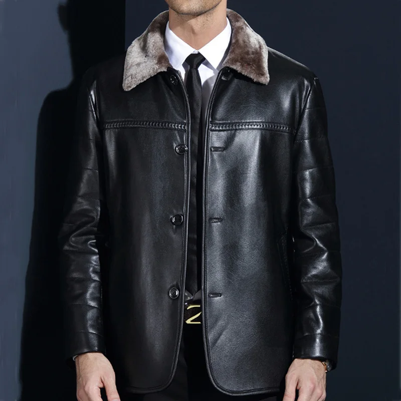 

New Winter Men Genuine Leather Coat Fur Collar Motorcycle Jacket Men's Leather Jacket Warm Winter Thick jaqueta de couro, M-4XL