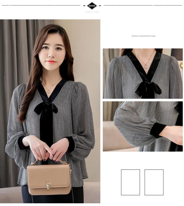 Black Plaid Shirts Women Autumn Bow V-Neck Blouses Womens Tops Elegant Long Sleeve Chiffon Blouse Autumn Tops Blusas Mujer 2019 (2)
