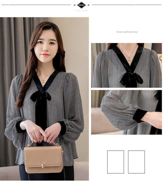 Black Plaid Shirts Women Autumn Bow V-Neck Blouses Womens Tops Elegant Long Sleeve Chiffon Blouse Autumn Tops Blusas Mujer 2019 (2)