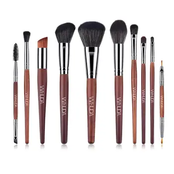 

VVHUDA 10Pcs Brushes Set Professional Makeup Tools Black Walnut Powder Foundation Contour Wood Handle Vegan Duo-end Lip Brush