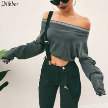 Nibber модный сексуальный короткий топ, новинка, осень, с открытыми плечами, длинный рукав, серый цвет, Женский повседневный элегантный короткий топ