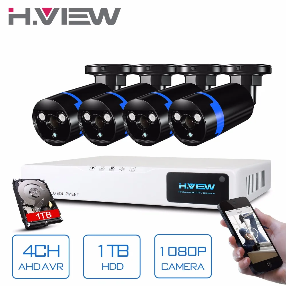 H.View Security Camera System 8ch CCTV System DVR Security System 4CH 1TB 4 x 1080P Security Camera 2.0mp Camera DIY Kits