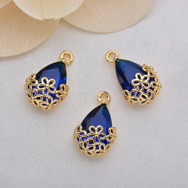

20pcs Copper material Plated gold color Openwork flower edging color zirconium charm Delicate drop-shaped earring pendant