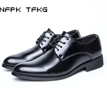 

large size men fashion black business office work formal dress genuine leather shoes gentleman breathable flat oxford derby shoe
