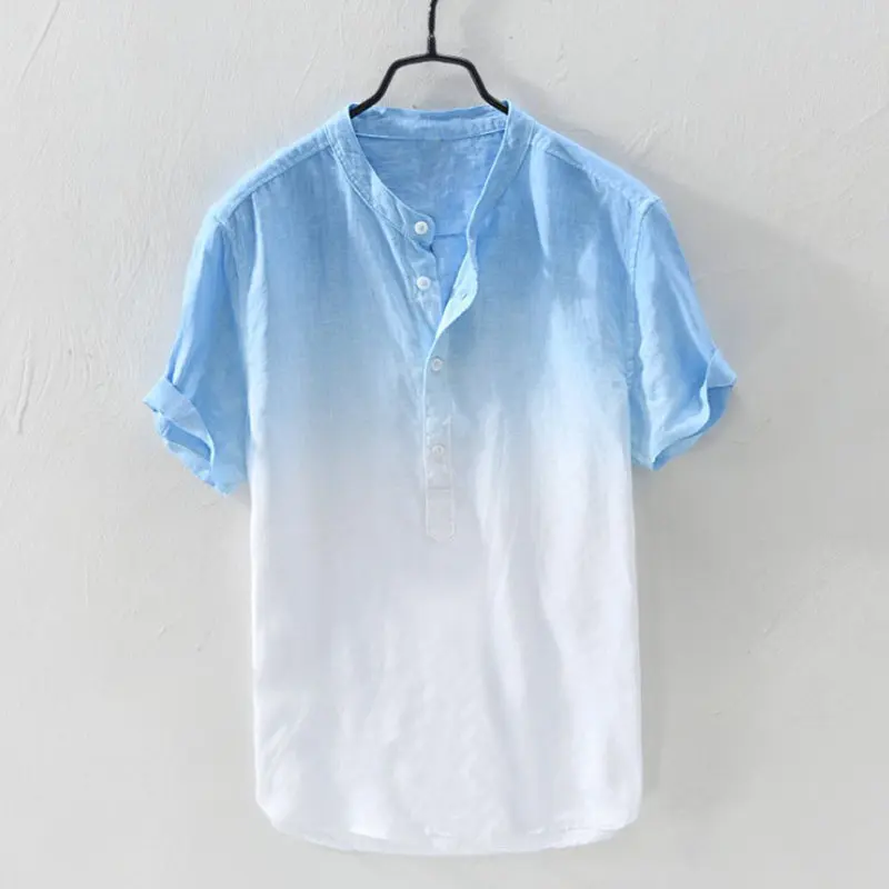 

2019 Summer Men's Shirt Cotton Linen Casual Short Sleeve Blouse Cool And Thin Breathable Hanging Dyed Gradient Plus Size