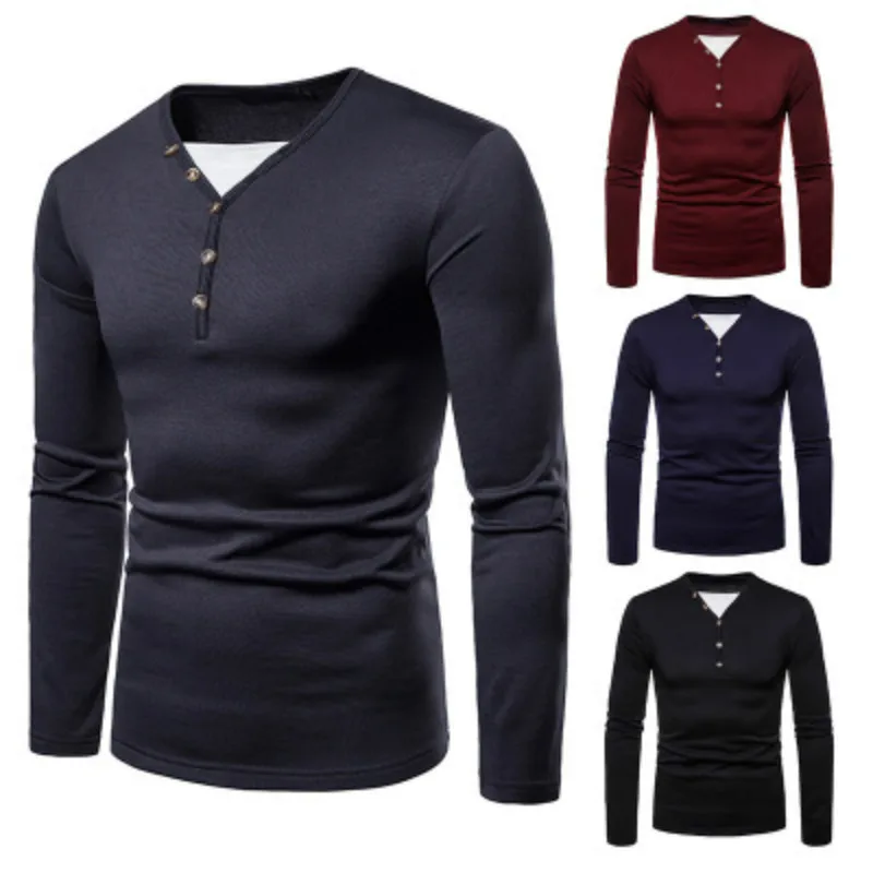 Men's Long Sleeve T shirt Autumn Winter Casual Button Business Man Tees
