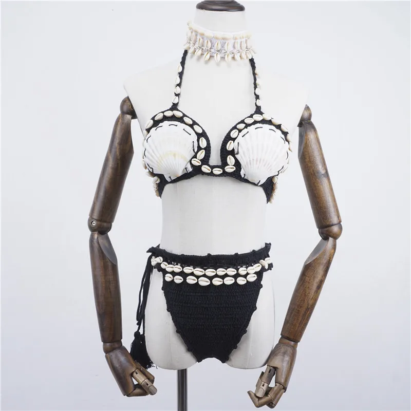 Вязанный крючком комплект бикини из 2 предметов, сексуальный женский купальник с регулируемыми завязками, бюстгальтер, облегающий грудь, бикини ручной работы, вязаный купальник - Цвет: Black