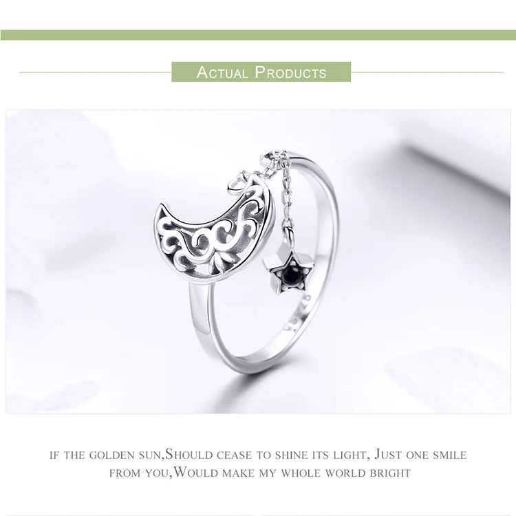 BISAER Аутентичные 925 пробы серебряные кольца с Луной и звездами, регулируемые кольца на палец, CZ ювелирные изделия, подарки на день святого Валентина для женщин GXR479