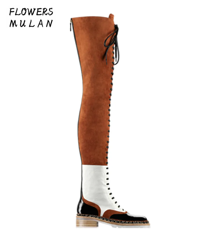 

2018 New Autumn Winter British Style Cool Riding Boots Women Round Toe Patchwork Mixed Color Front Cross Tied Martin Boots Lady