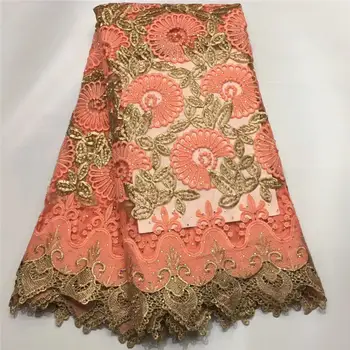 

Peach Color High Quality African Lace Fabric With Beaded For Wedding 2018 French Embroidered Mesh Lace Fabrics Guipure Cord Lace