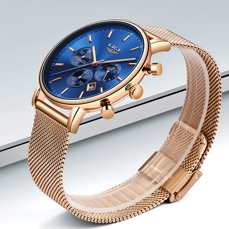 LIGE, женские модные кварцевые часы золотистого и синего цвета, женские сетчатые часы для часов, высокое качество, повседневные водонепроницаемые наручные часы, женские часы с фазой Луны