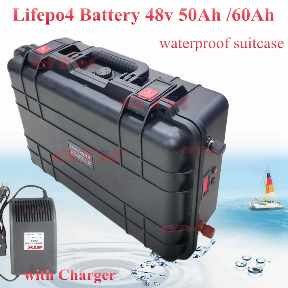 

48v 50Ah 60Ah Lifepo4 battery Waterproof Lithium iron phosphate battery Electric Bike scooter power motor 2kw BMS + 10A Charger