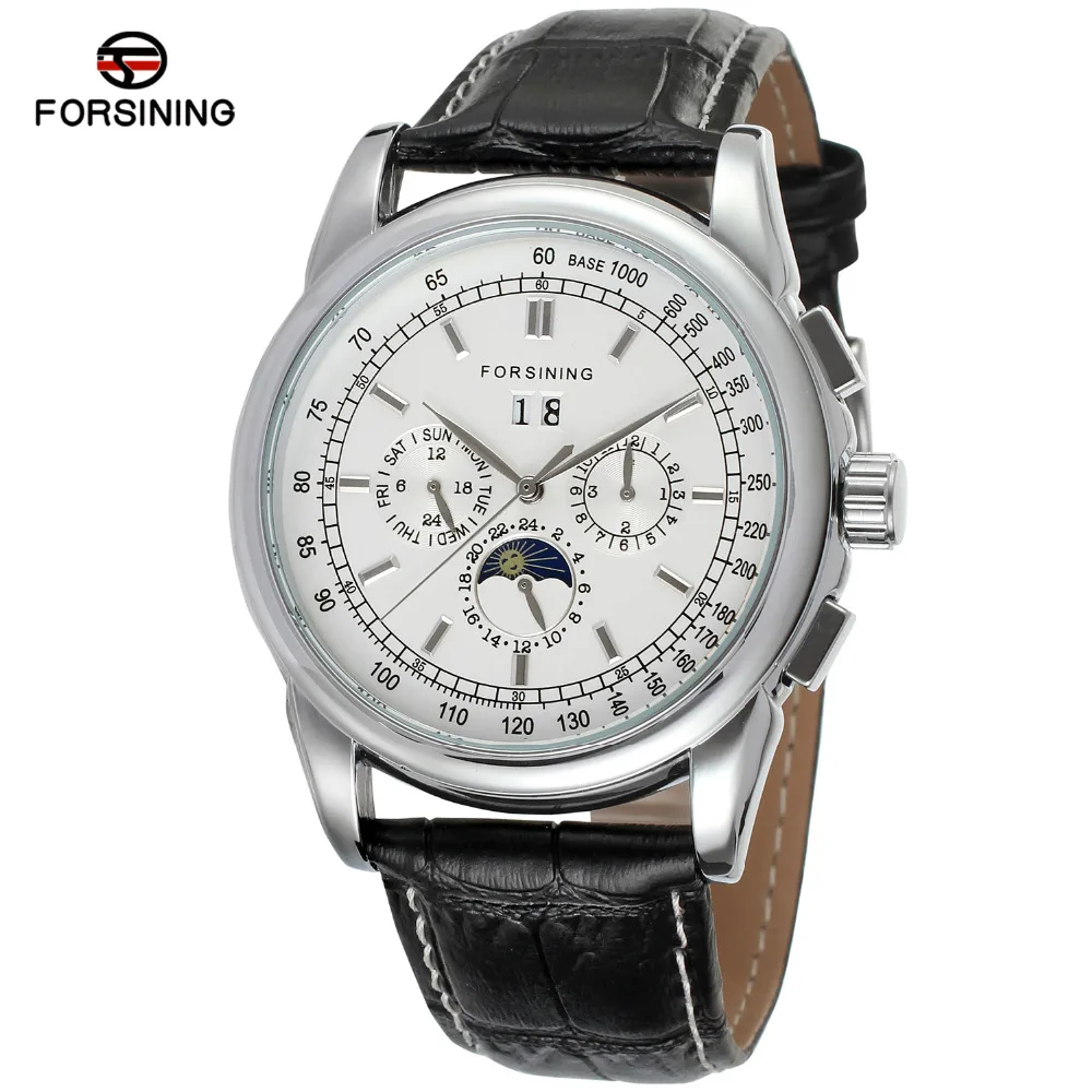 FORSINING Men s Watch Multi Function Automatic Moon Phase Black Genuine Leather Strap dress Wristwatch Silver