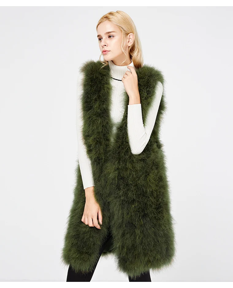 

women fur waistcoat of natural ostrich feather New style fluffy autumn winter warm fur vest pink dark green 90cm length V24