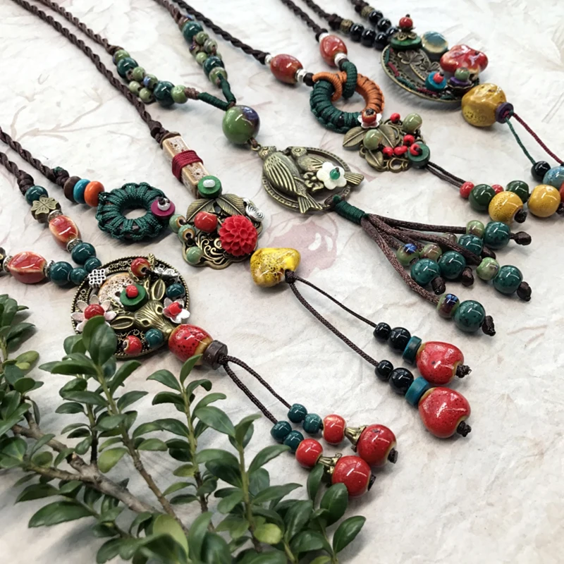 

20-38 Handmade Vintage Cermic Pendant Necklaces Women Chinese National Style Colorful Flower Necklace Fashion Jewelry Accessory