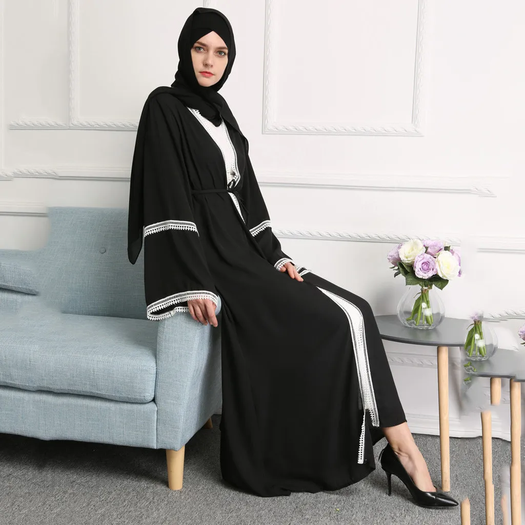 

Fashion Muslim Dress Abaya in Dubai Muslim Women Summer Black Lace Stitching Embroidery Cardigan Robes Long Dress Z318