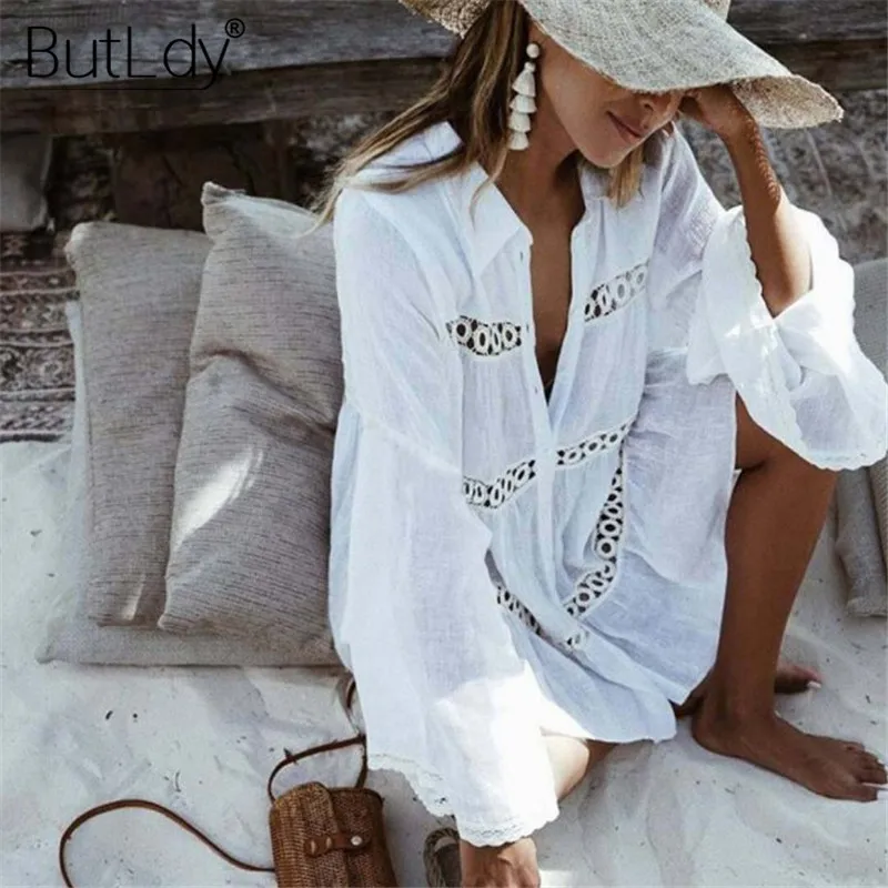 

Embroidery Hollow Out Beach Dress Women Button Flare Sleeve Summer Dress Sundress 2019 White Casual Cover Up Tunic Shirt Dress
