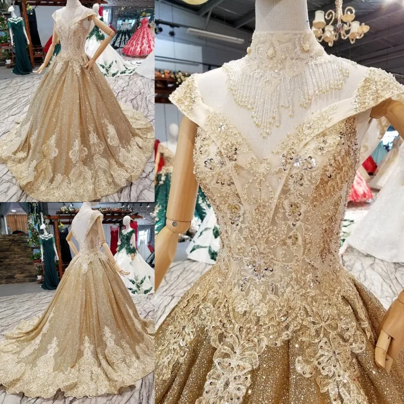 

SSYFashion New High-end Vintage Gold Evening Dress Luxury Shining Lace Appliques Beading Long Prom Formal Gown Robe De Soiree