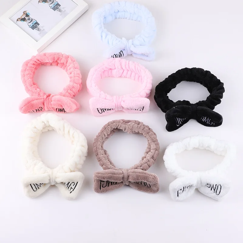 

Women Hair Band Letter Bowknots Wash Face Bath Headband for Cosmetic Coral Fleece Elastic Soft Turban Hairband Girls Headwear