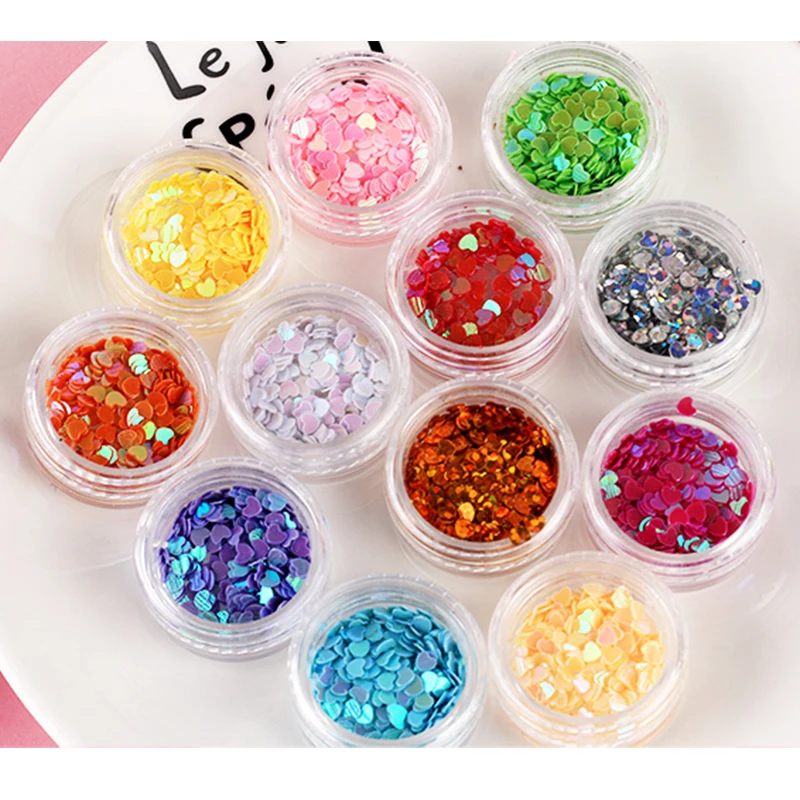 

12 Colors/Set Heart Glitter Slices Filler For Nails Art Tips/Balls Slime For Kids Lizun DIY Accessories Supplies Decoration