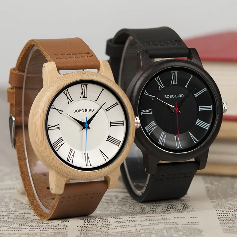 BOBO BIRD Wood Bamboo Watch Lovers Leather Band Exquisite Timepieces Quartz Wristwatches for Men and Women C-Q15