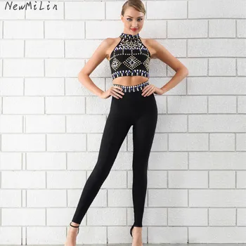 

2019 New High Quality O-Neck Beading Bandage Suit Sexy Women Night Club Sleeveless Body con Full Length Ladies suit Wholesale