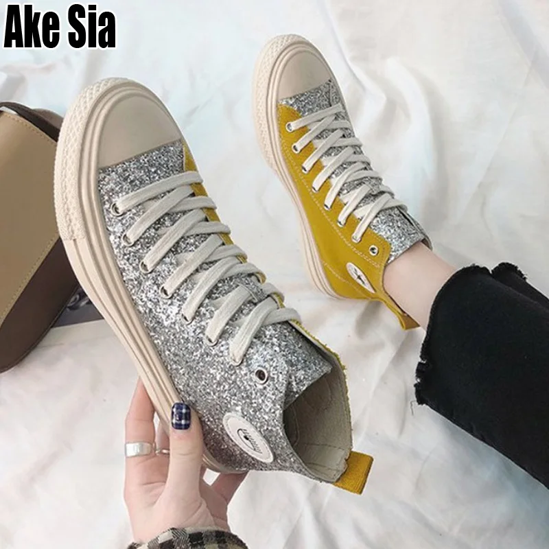 

Fashion Sequins Women Mujer Lady Female Canvas Shoelace Lace Up Plimsolls Zapatillas Walking Flat Casual Sequin Tenis Shoes A664
