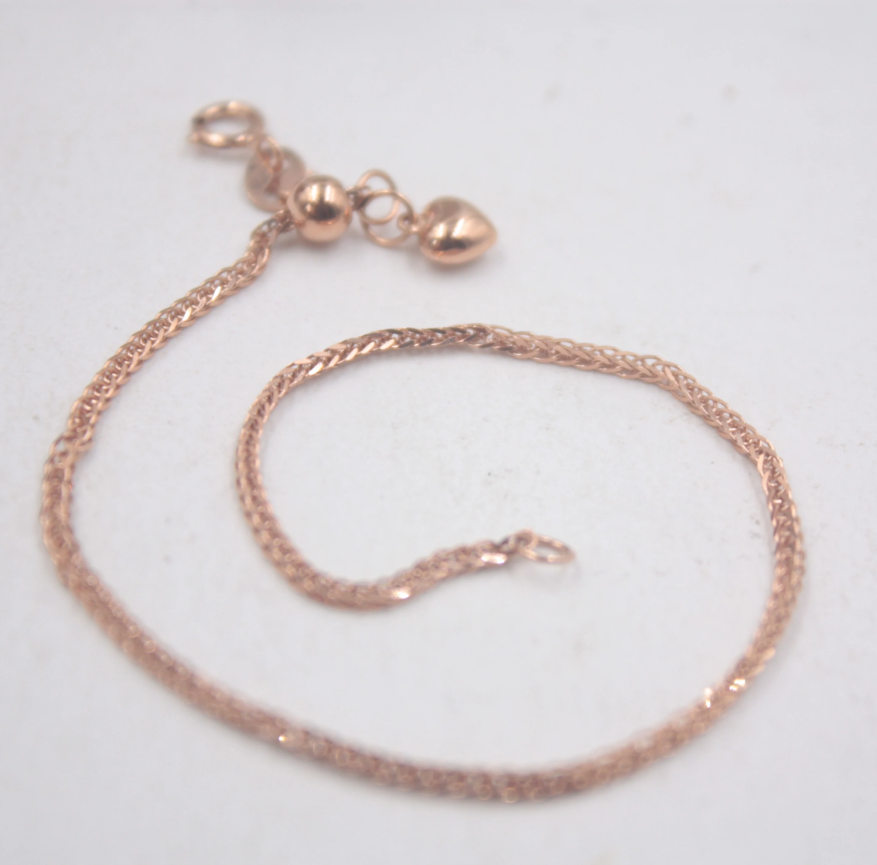 

Pure 18K Rose Gold Bracelet For Woman Heart Wheat Chain Link 6.9''L Adjustable Au750
