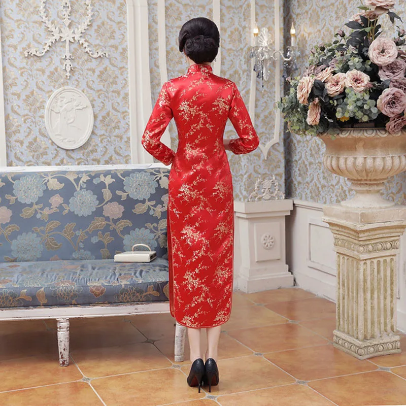 Красное китайское свадебное платье Qipao для невесты сексуальное женское атласное платье Чонсам с длинным рукавом дракон феникс Vestidos S M L XL XXL