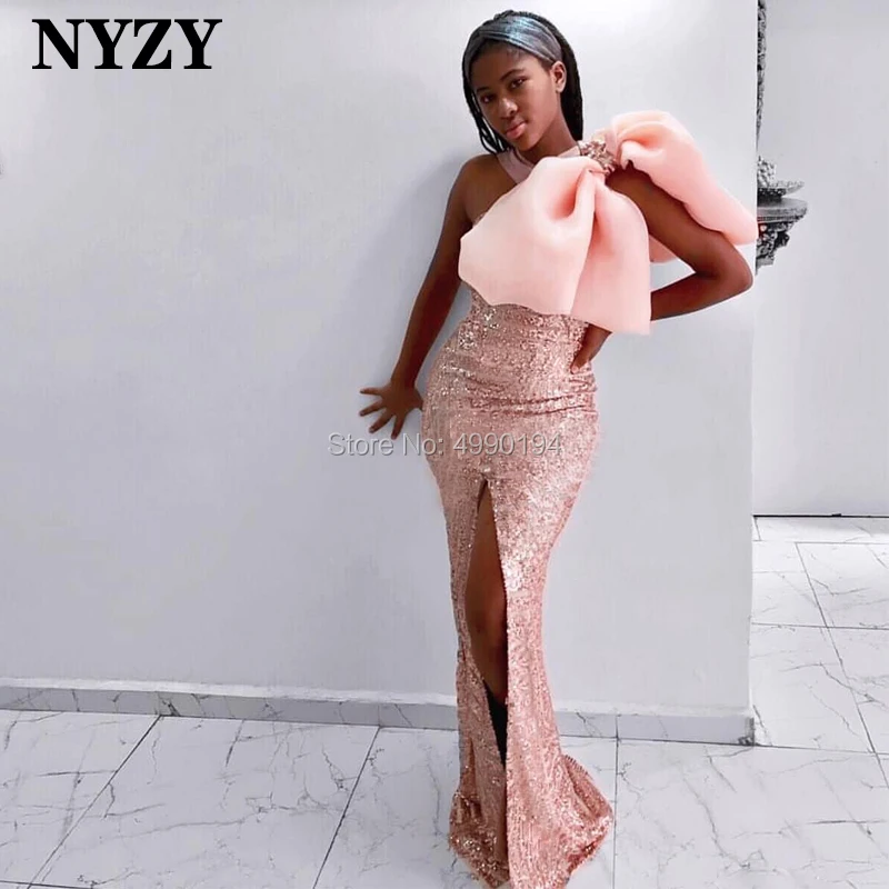 

Pink Africa Mermaid Dress Evening 2019 NYZY E176 High Slit Big Bow Sequin Evening Gown robe soiree Dubai vestido longo festa