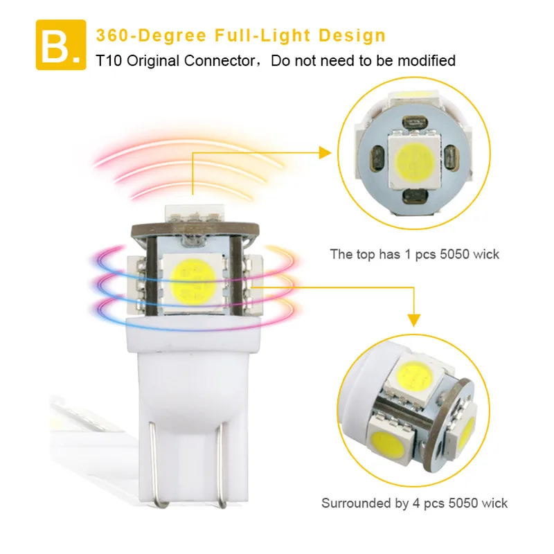 Leites 100pcs Top Quality Super BrightsLight 194 168 w5w t10 Led 5050 5SMD Instrument Lamp Automotive LED License Plate Lights.03