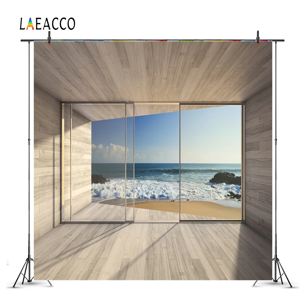 Laeacco Summer Seaside Waves Beach Wooden House Interior Photography Backgrounds Custom Photographic Backdrops For Photo Studio