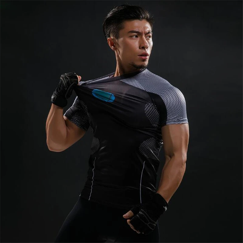 TUNSECHY модные Компрессионные Мужские футболки с 3D принтом, футболки с коротким рукавом для фитнеса, бодибилдинга, мужские топы в стиле панк, череп, скелет