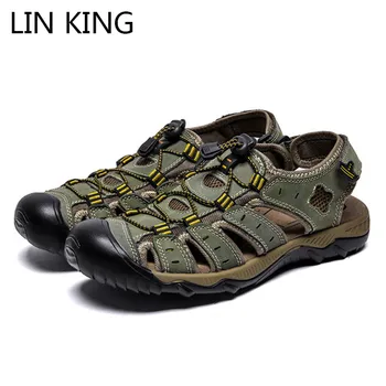 

LIN KING Classic Genuine Leather Man Sandals Plus Size Flats Beach Shoes Breathable Slip On Shallow Men Summer Outdoor Sandals