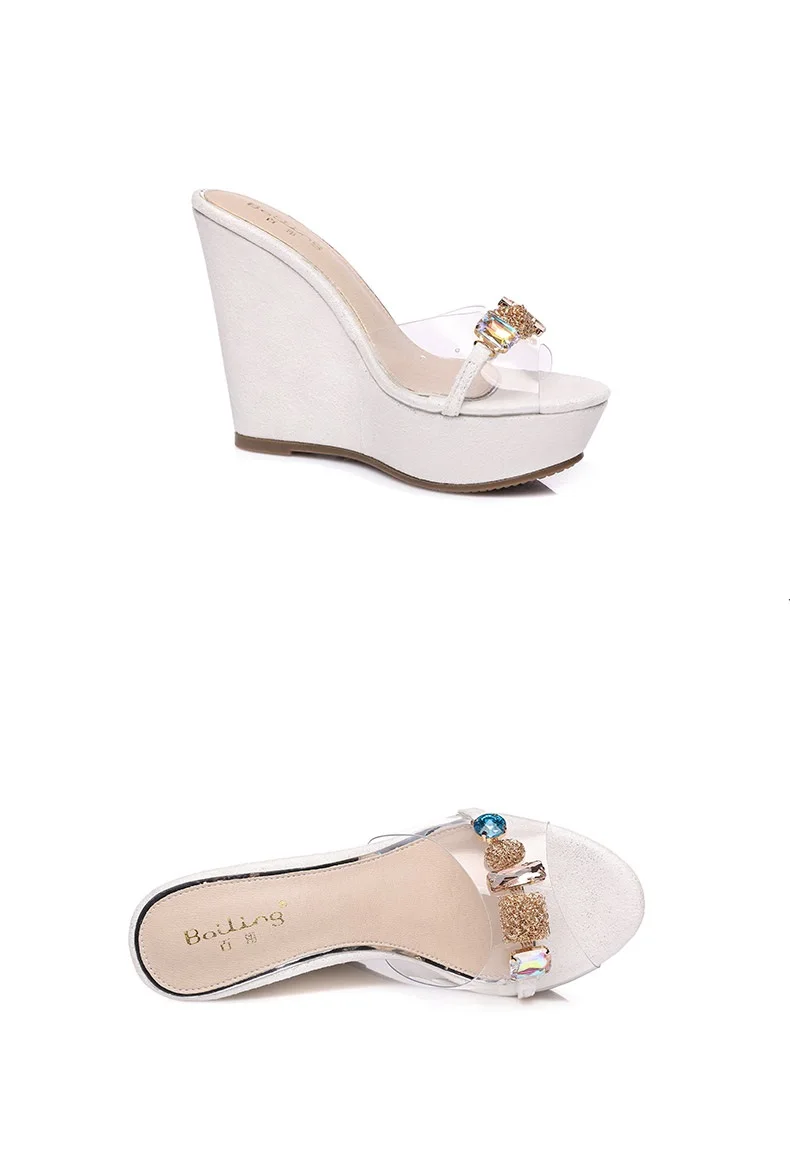 22_New 2018 Wedges Slippers Female Summer Fashion High-heeled Platform Rhinestones Small Size Shoes Pink White Black