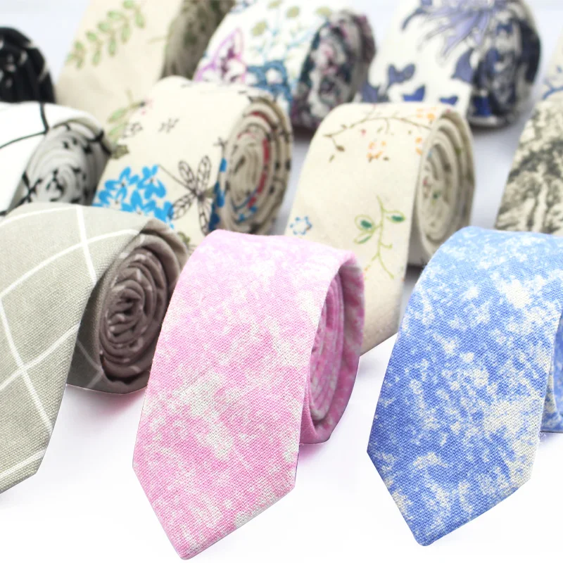 Fashion Neck Tie For Men Floral Linen Ties for Wedding Party Print Narrow Neckties Casual Mens Retro Neckwear Male Cotton Ties