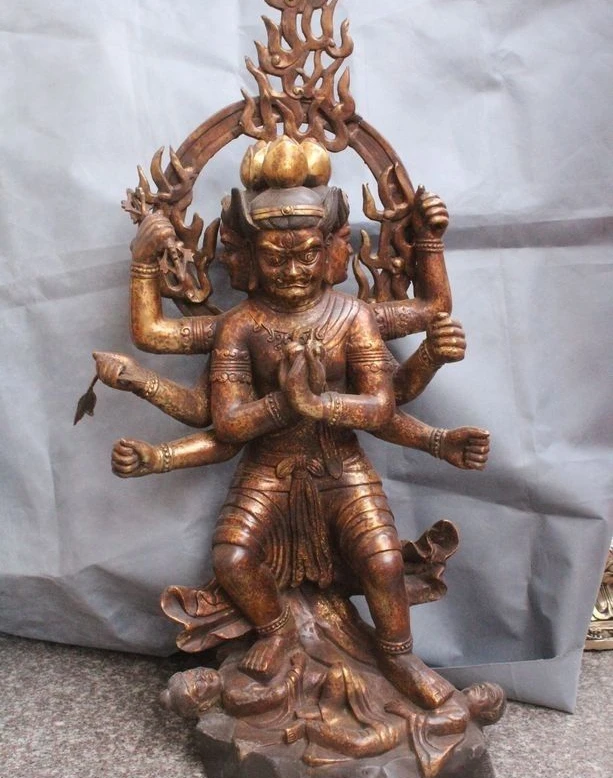 

37" Japan Buddhism Bronze Gild 6 arms Protector Deity Buddha Ride Oxen Statue