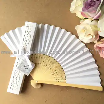 Free shipping 50Sets/Lot bamboo folding paper fan wedding gift hand fan with Luxury Paper Gift Box + thank you card + ribbon