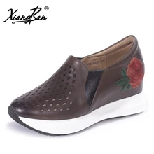 Xiangban Handmade embroidered flowers leather shoes women comfortable deep hollow hole women flat platform shoes