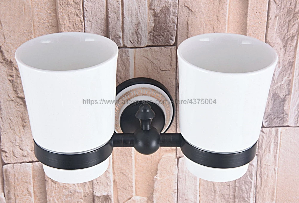 

Bathroom Accessory Wall Mounted Black Oil Rubbed Bronze Toothbrush Holder with Two Ceramic Cups Nba710