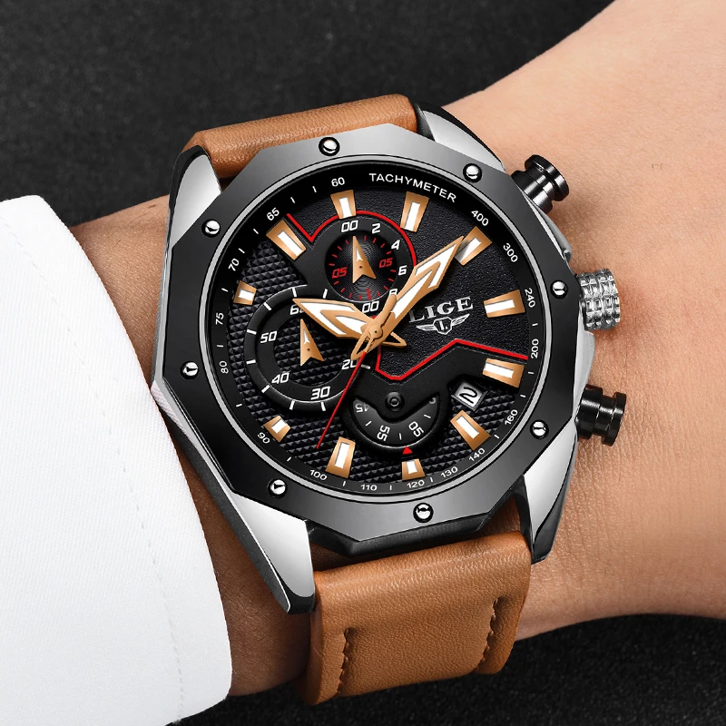 LIGE Mens Watches  New Fashion Chronograph Military Sport Watch Mens Casual Leather Waterproof Quartz Watch Relogio Masculino