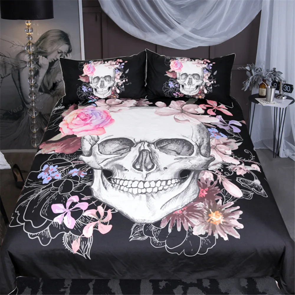 Girls Twin Full Queen Bed Black Pink Floral Skulls 3 pc Comforter Set Bedding