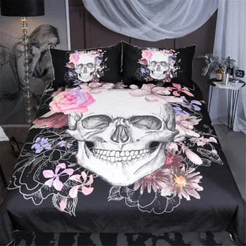 

Fanximan Customized Skull Print Bedding Set Queen Boy Girls Gothic Duvet Cover Black Bedclothes Pink Flowers Love Bed Set