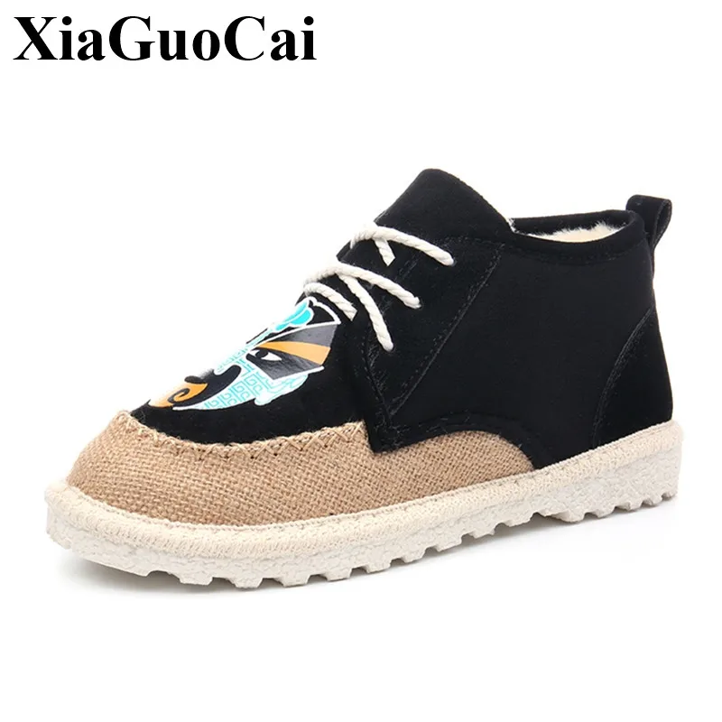 

New High Top Casual Shoes Women Ankle Boots with Fur Warm Fleeces Flat Cotton Shoes with Opera Facial Mask Decor Comfort Sneaker