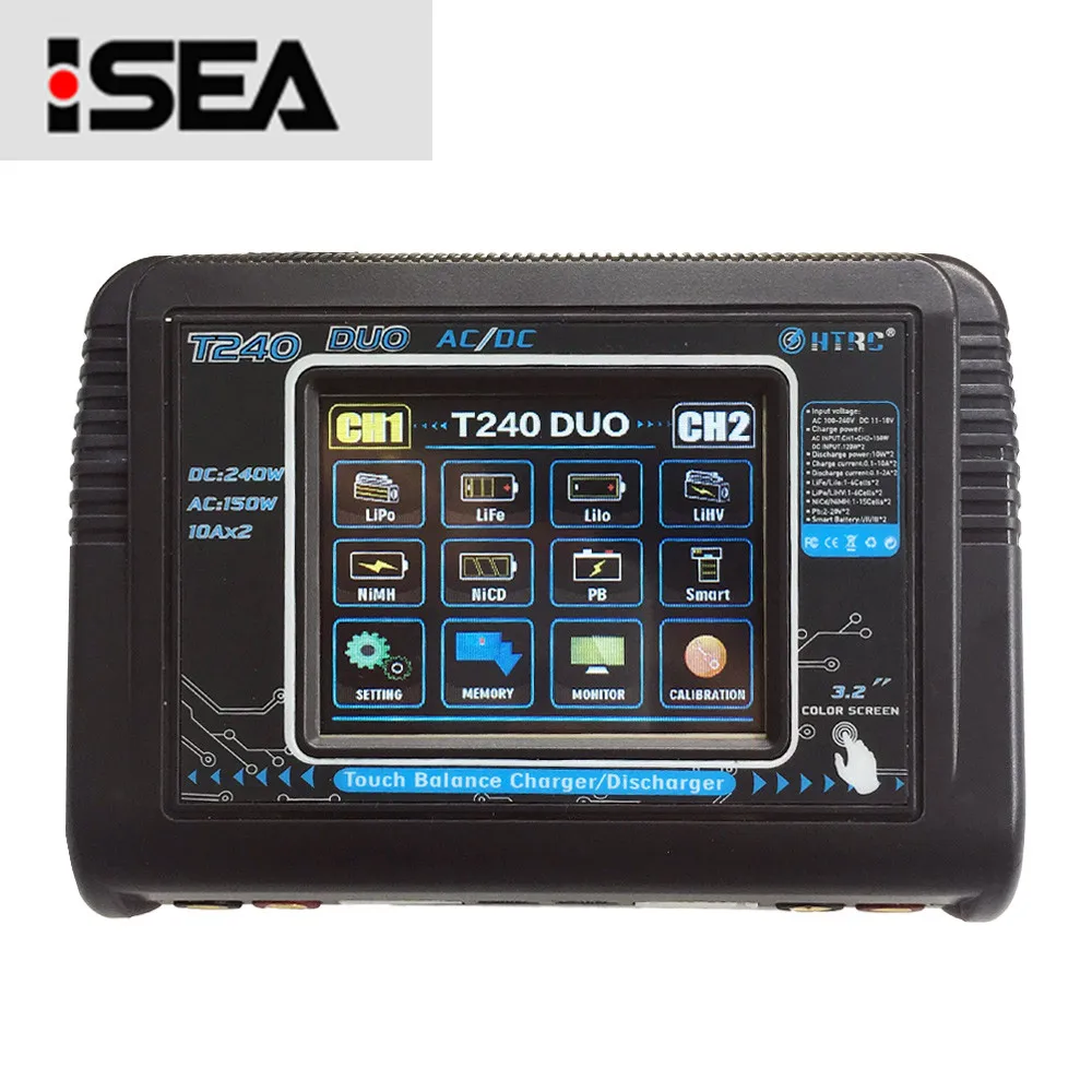 

HTRC T240 DUO AC 150W DC 240W Touch Dual Channel 10A RC Balance Charger Discharger for LiPo LiHV LiFe Lilon NiCd NiMh Pb Battery